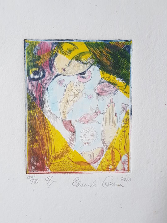 Prenten & gravures getiteld "Femme & Poissons" door Eduardo Guerra, Origineel Kunstwerk, Gravure