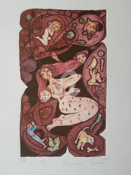 Incisioni, stampe intitolato "Femme, Soleil & Lune" da Eduardo Guerra, Opera d'arte originale, incisione