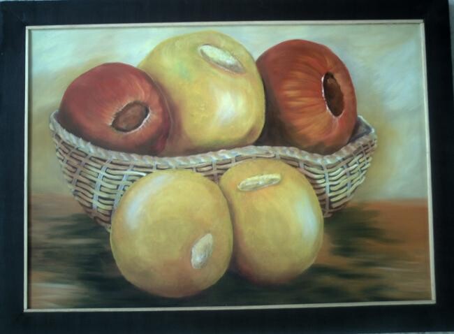 Painting titled "canasta con manzanas" by Eduardo Meneses Claros, Original Artwork