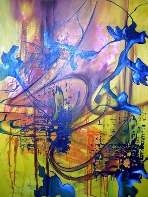 Pintura titulada "blue flowers in a y…" por Eric Walton 9 / Edub9, Obra de arte original, Acrílico