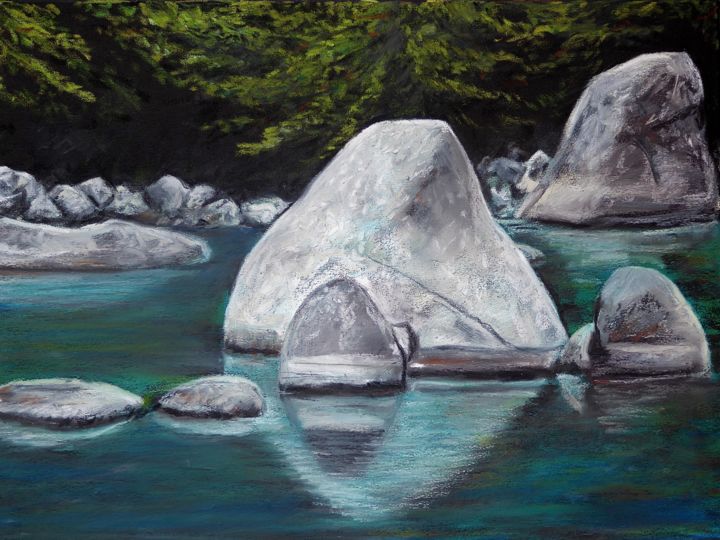 Malerei mit dem Titel "Flusssteine" von Daniel Rohrbach, Original-Kunstwerk, Pastell