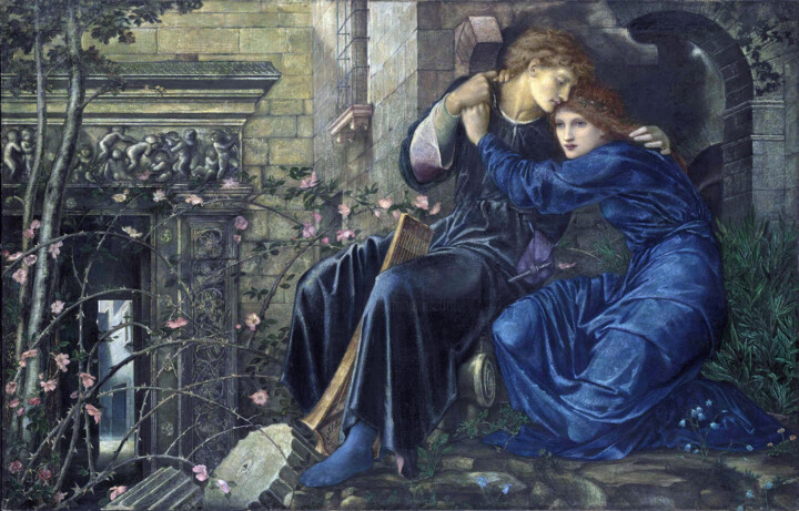 Painting titled "Love Among the Ruins" by Edward Burne-Jones, Original Artwork, Watercolor