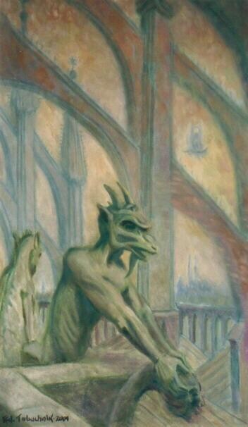 Painting titled "Gargoyles at Flying…" by Edward Tabachnik, Original Artwork, Oil