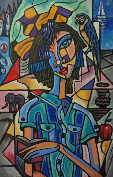 Painting titled "girl with a book" by Edward Yov, Original Artwork, Acrylic