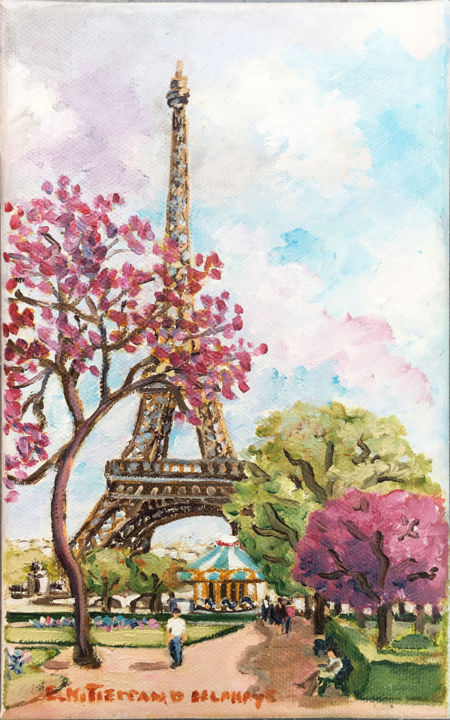 Painting titled "Tour Eiffel aux nua…" by Edwige Mitterrand Delahaye, Original Artwork, Oil Mounted on Wood Stretcher frame