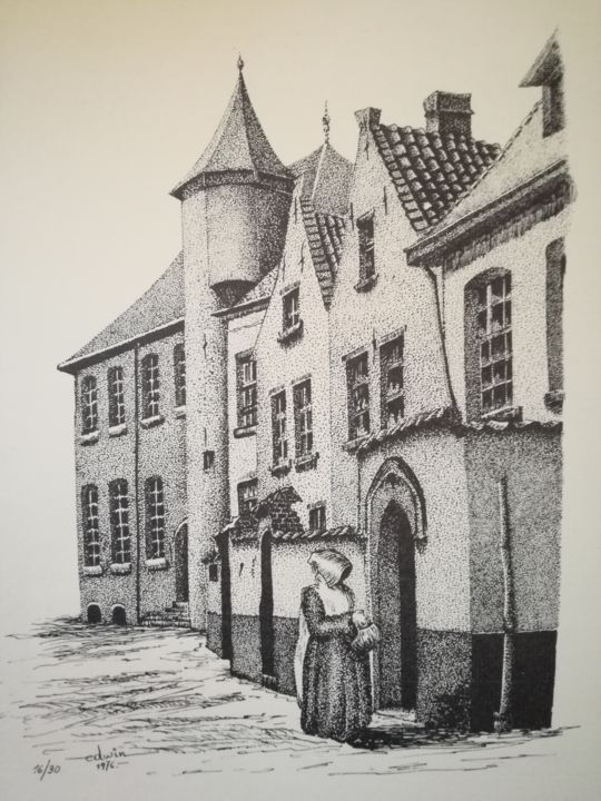 Drawing titled "Begijnhof BRUGGE" by Edwin, Original Artwork, Ink