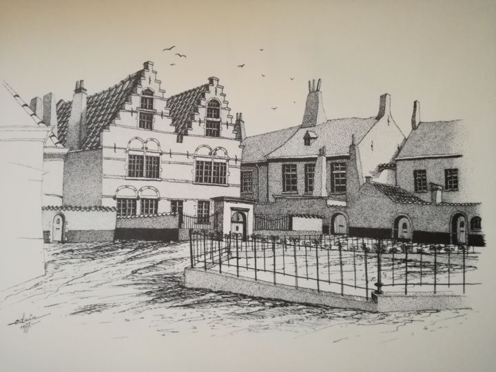 Tekening getiteld "Begijnhof Kortrijk" door Edwin, Origineel Kunstwerk, Inkt