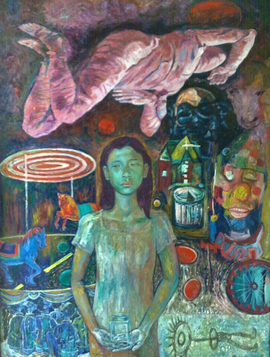 Painting titled "Girl With Glass Jar" by Edwin Jumalon, Original Artwork