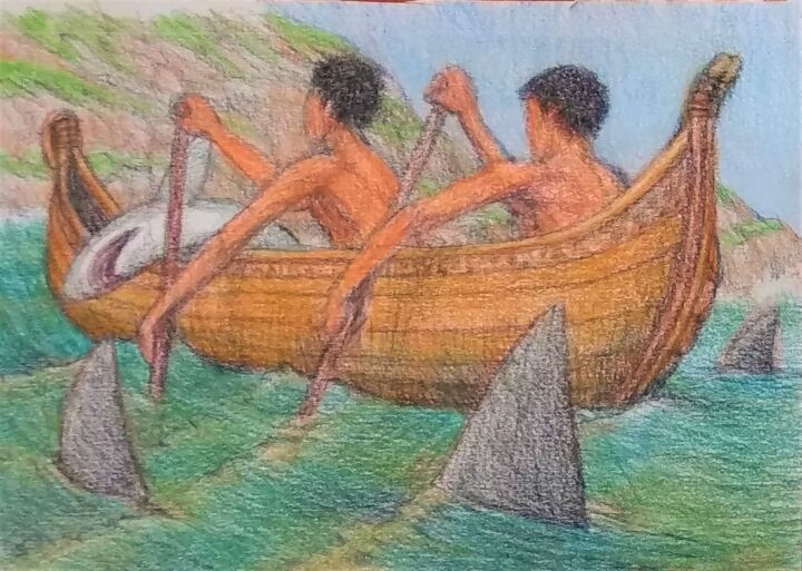 Desenho intitulada "Shark Hunters" por Edwin Loftus, Obras de arte originais, Lápis Montado em Outro painel rígido