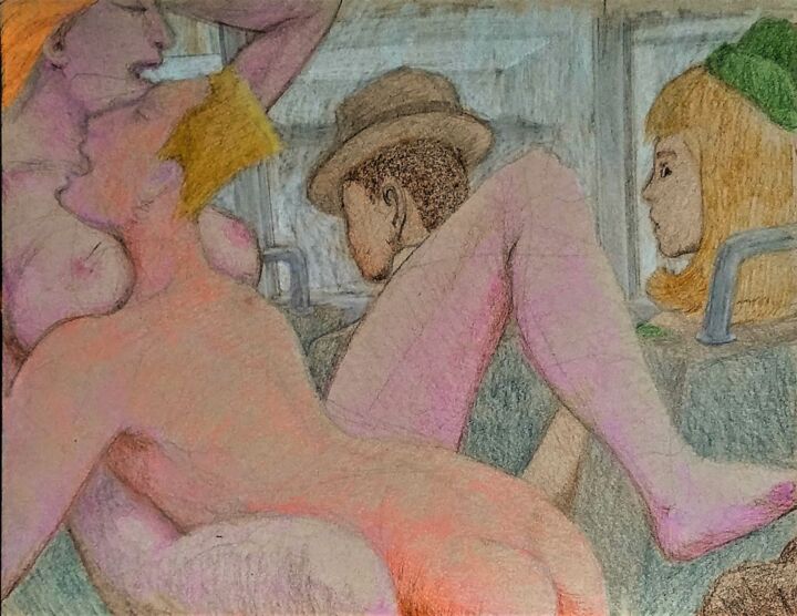 Σχέδιο με τίτλο "Lovers on a City Bus" από Edwin Loftus, Αυθεντικά έργα τέχνης, Μολύβι Τοποθετήθηκε στο Άλλος άκαμπτος πίνακ…
