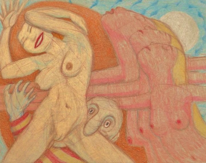 Dessin intitulée "Kilroy was Here" par Edwin Loftus, Œuvre d'art originale, Pastel Monté sur Autre panneau rigide