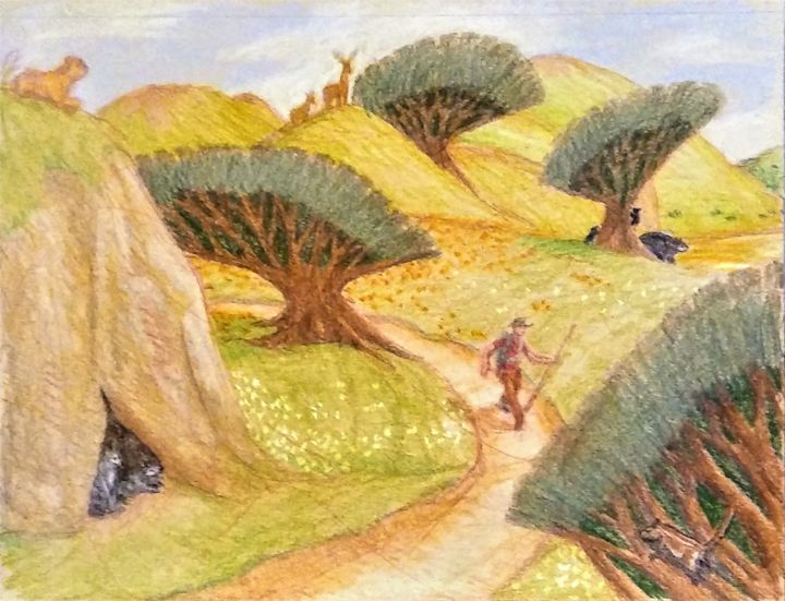 Dibujo titulada "Hiker in the Countr…" por Edwin Loftus, Obra de arte original, Lápiz Montado en Otro panel rígido