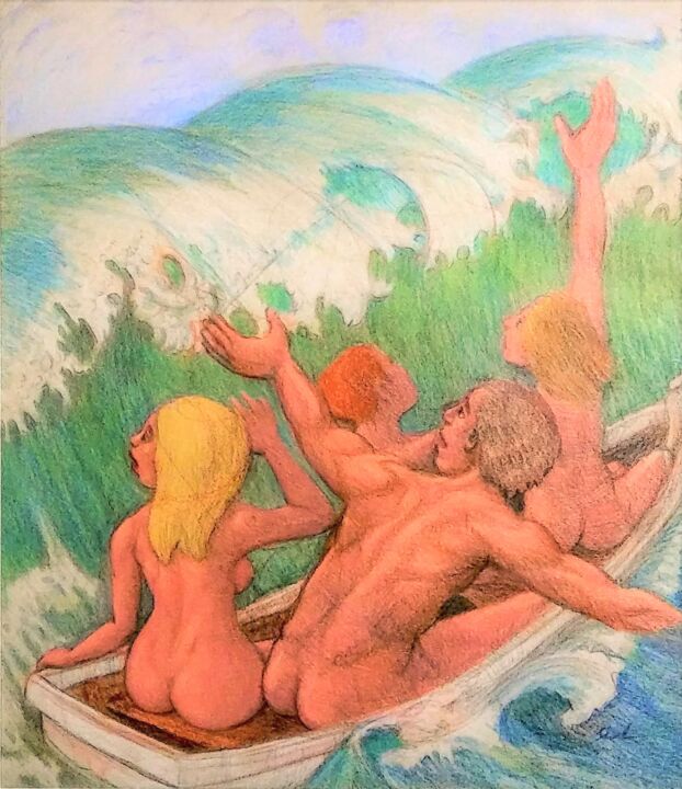 Dibujo titulada "Boat Sans Paddles" por Edwin Loftus, Obra de arte original, Lápiz Montado en Otro panel rígido