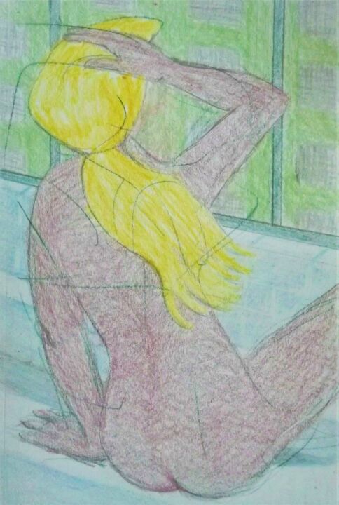 Dessin intitulée "Nude in the Window" par Edwin Loftus, Œuvre d'art originale, Crayon Monté sur Autre panneau rigide