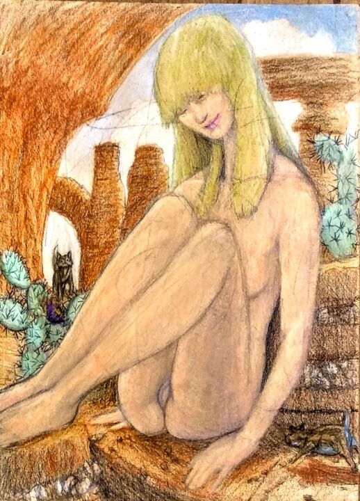 Dessin intitulée "Nude in the Desert" par Edwin Loftus, Œuvre d'art originale, Crayon Monté sur Autre panneau rigide
