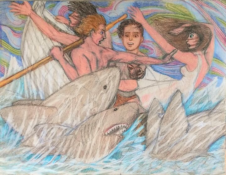 Drawing titled "Too Many Sharks" by Edwin Loftus, Original Artwork, Pastel Mounted on Other rigid panel