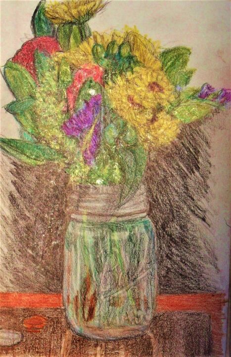 Drawing titled "Jar of Flowers" by Edwin Loftus, Original Art, Pastel Mounted on Other rigid panel