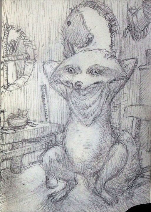 Drawing titled "Racoon's Unexpected…" by Edwin Loftus, Original Artwork, Pencil