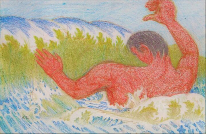 Dessin intitulée "Man in the Waves" par Edwin Loftus, Œuvre d'art originale, Pastel Monté sur Autre panneau rigide