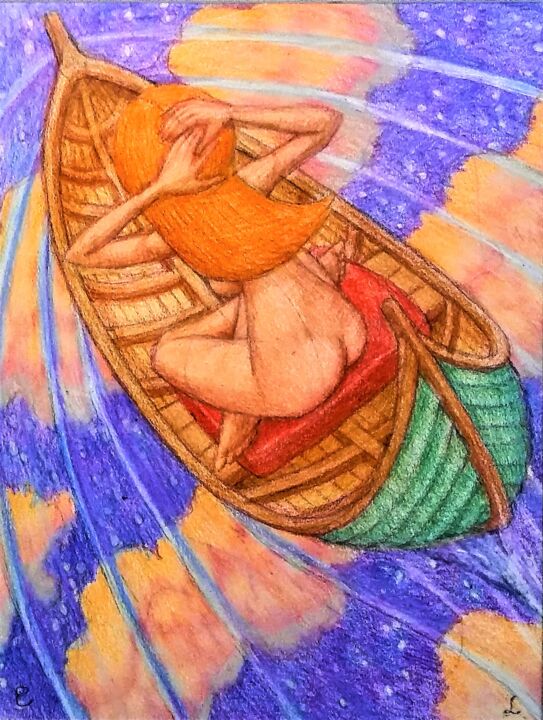 Рисунок под названием "Girl in a Boat at S…" - Edwin Loftus, Подлинное произведение искусства, Пастель Установлен на Другая…