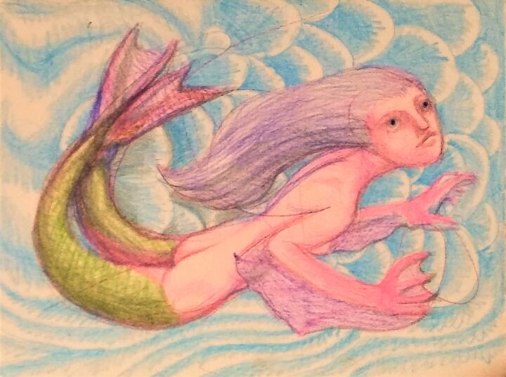 Рисунок под названием "Two-tailed Mermaid" - Edwin Loftus, Подлинное произведение искусства, Пастель Установлен на Другая же…