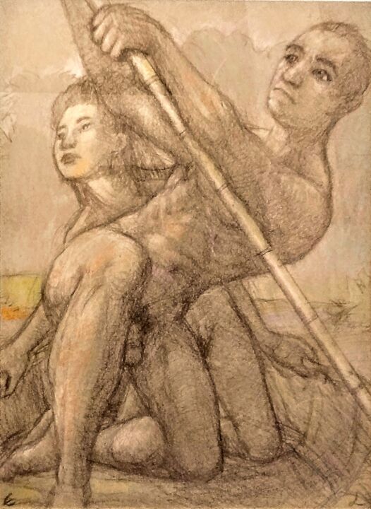 Рисунок под названием "Escape by Boat" - Edwin Loftus, Подлинное произведение искусства, Карандаш Установлен на Другая жестк…