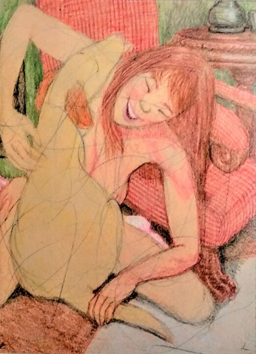 Desenho intitulada "Nude with Yellow Lab" por Edwin Loftus, Obras de arte originais, Pastel Montado em Outro painel rígido