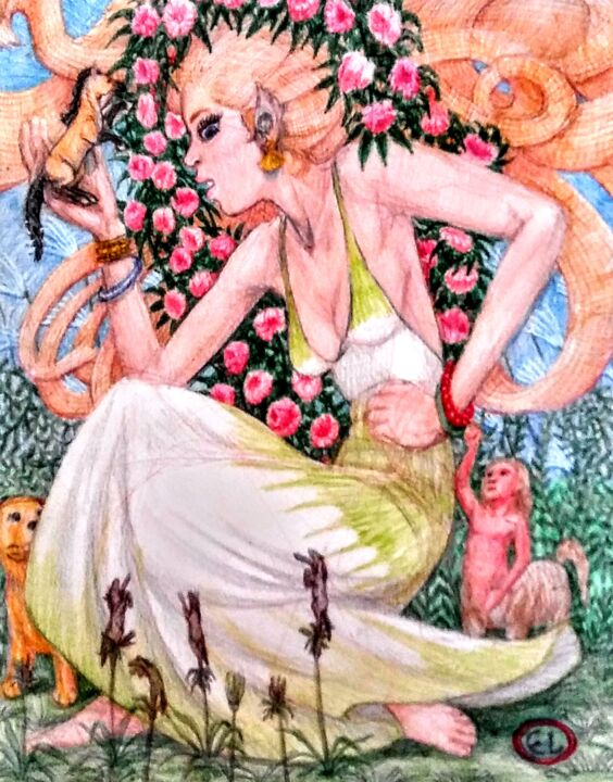 Dessin intitulée "Horse Goddess Epona" par Edwin Loftus, Œuvre d'art originale, Pastel Monté sur Autre panneau rigide