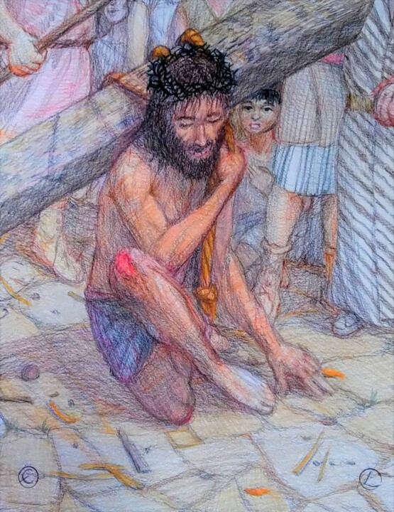 Zeichnungen mit dem Titel "Jesus Falls" von Edwin Loftus, Original-Kunstwerk, Pastell