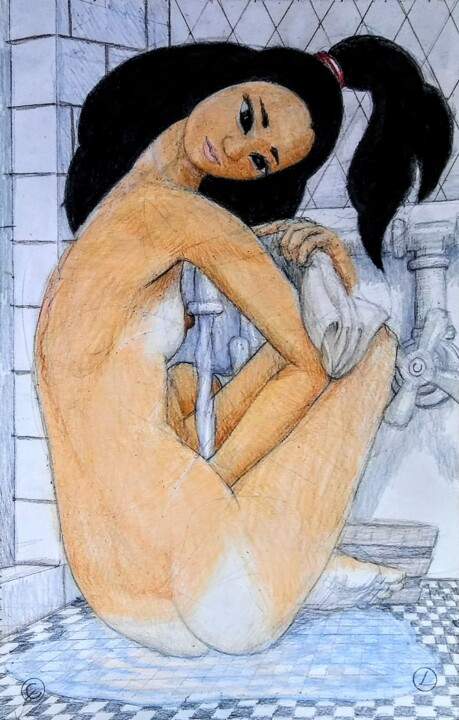 Tekening getiteld "Bathing Woman" door Edwin Loftus, Origineel Kunstwerk, Pastel
