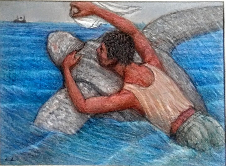 Drawing titled "Survival at Sea" by Edwin Loftus, Original Artwork, Pastel