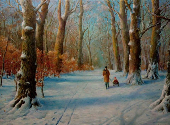 Картина под названием "Прогулка в старом п…" - Egen Mirochnik, Подлинное произведение искусства, Масло