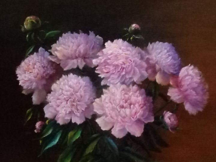 Peinture intitulée "Розовые пионы" par Egen Mirochnik, Œuvre d'art originale, Huile