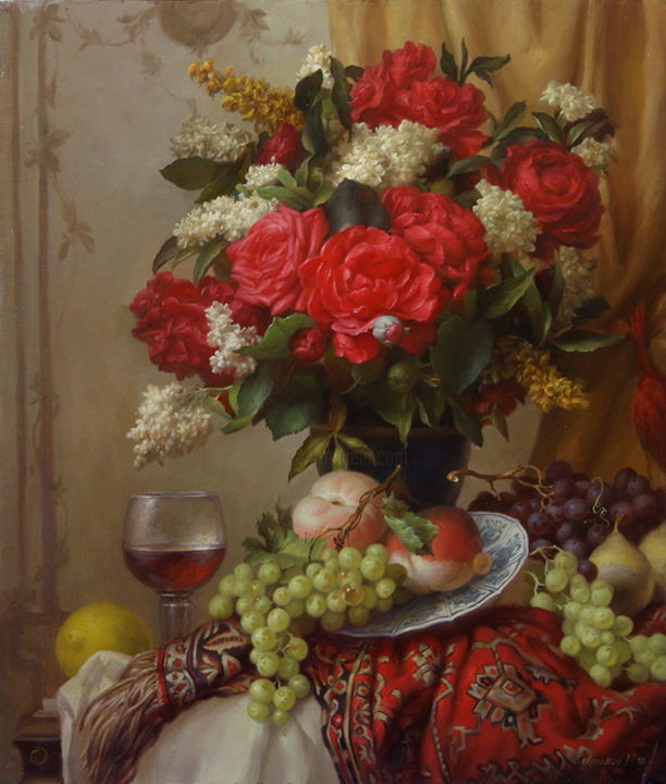 Schilderij getiteld "Красные розы" door Dmitrii Sevriukov, Origineel Kunstwerk, Olie