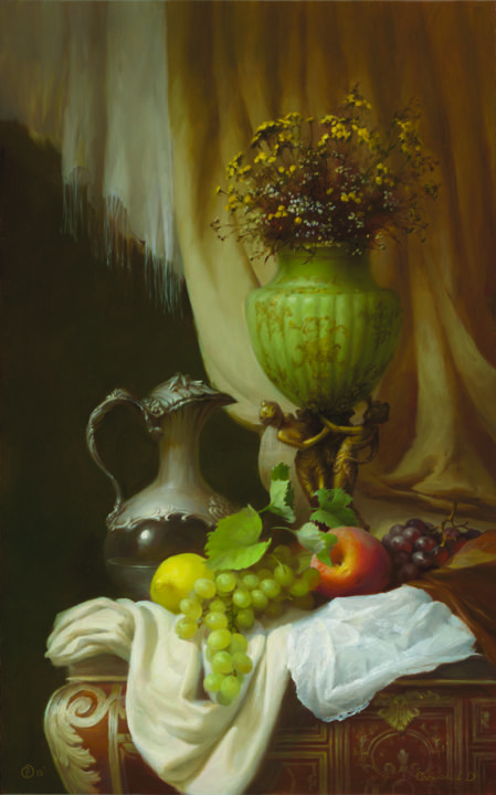Painting titled "зеленая ваза" by Dmitrii Sevriukov, Original Artwork, Oil