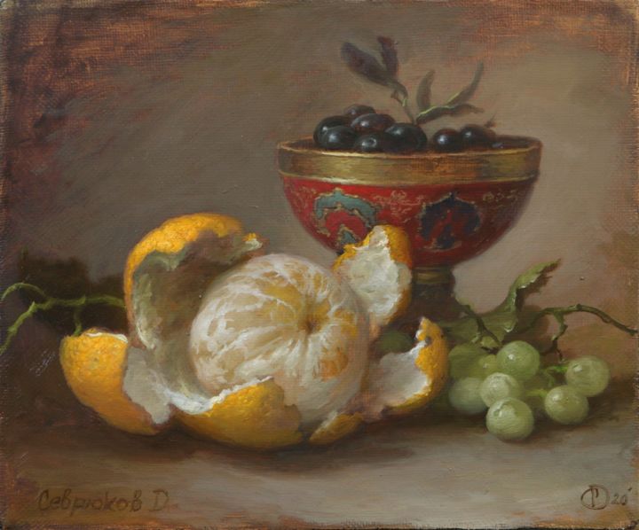 Pintura titulada "Orange and olives" por Dmitrii Sevriukov, Obra de arte original, Oleo Montado en Bastidor de camilla de ma…