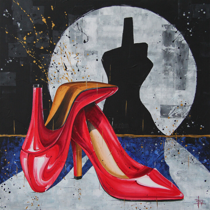 Painting titled "SCARPE ROSSE CON ME…" by Egidio Gariano, Original Artwork, Acrylic Mounted on Wood Stretcher frame