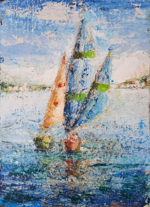 Painting titled "Barche a vela" by Massimo Gozzi, Original Artwork, Oil Mounted on Wood Stretcher frame