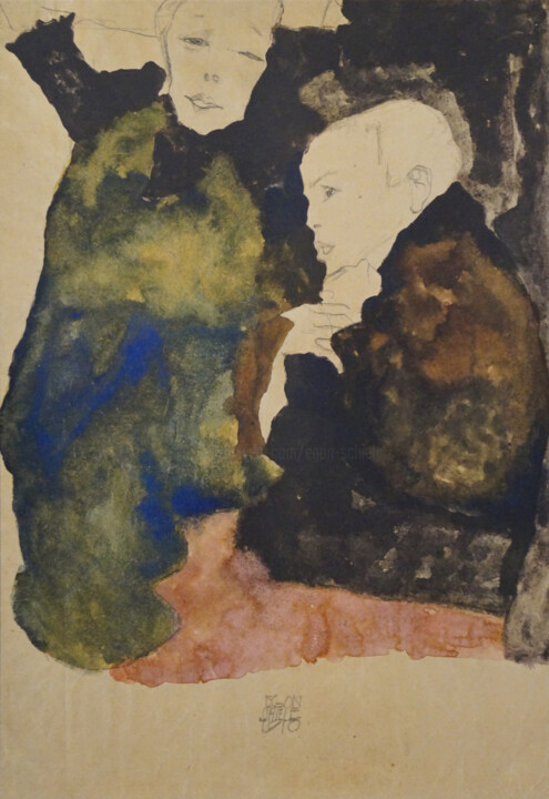 Incisioni, stampe intitolato "Vorstadtkinder (uni…" da Egon Schiele, Opera d'arte originale, Litografia