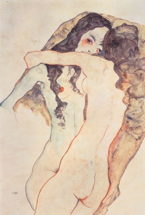 Malerei mit dem Titel "zwei sich umarmende…" von Egon Schiele, Original-Kunstwerk, Aquarell