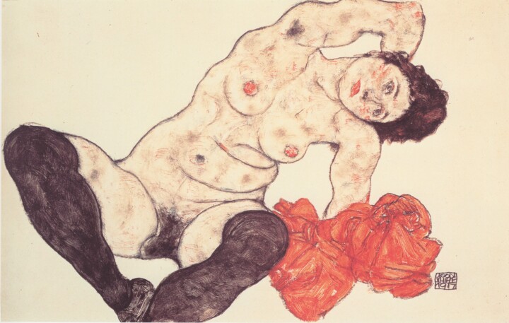 Painting titled "Fille assise" by Egon Schiele, Original Artwork, Gouache