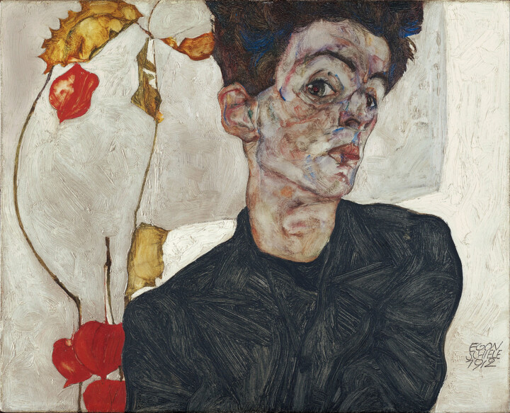 Painting titled "self-portrait-with-…" by Egon Schiele, Original Artwork, Oil