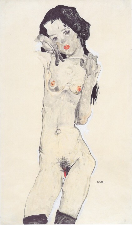 Peinture intitulée "Girl with black hair" par Egon Schiele, Œuvre d'art originale, Crayon