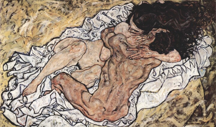 Peinture intitulée "L'étreinte (Amants…" par Egon Schiele, Œuvre d'art originale, Huile