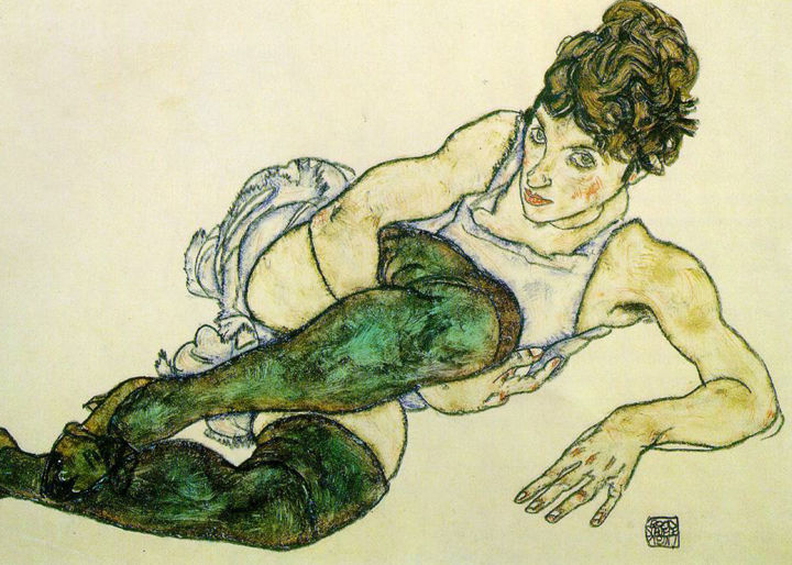 Malerei mit dem Titel "Green Stockings" von Egon Schiele, Original-Kunstwerk, Gouache