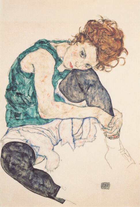Painting titled "Sitting woman with…" by Egon Schiele, Original Artwork, Watercolor