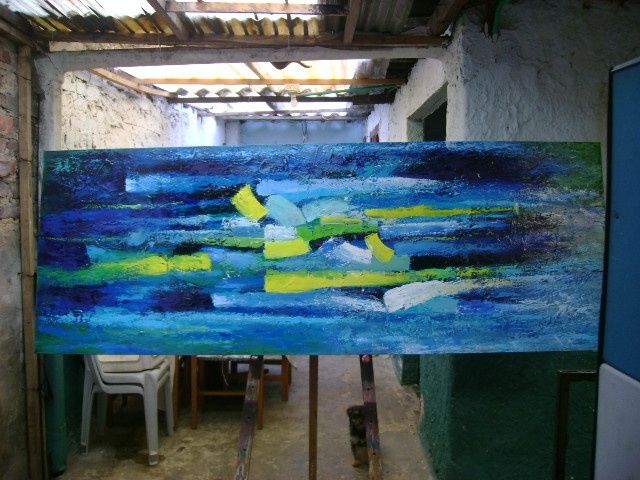 Pintura titulada "rasgueando en azules" por Eguer, Obra de arte original