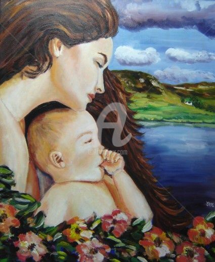 Painting titled "amour maternel" by Emc Eguimendia, Original Artwork