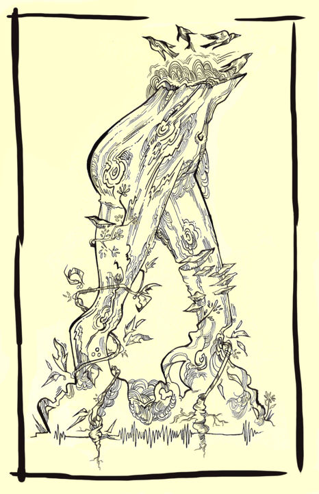 Drawing titled "Walking Woods" by Oberlin The Artist, Original Artwork, Ink