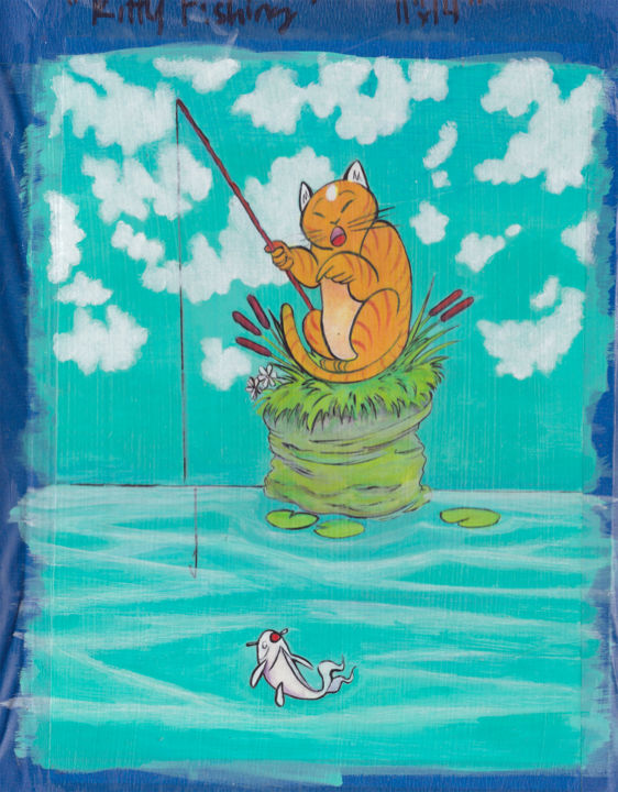 绘画 标题为“Kitty Fishing #4” 由Oberlin The Artist, 原创艺术品, 丙烯